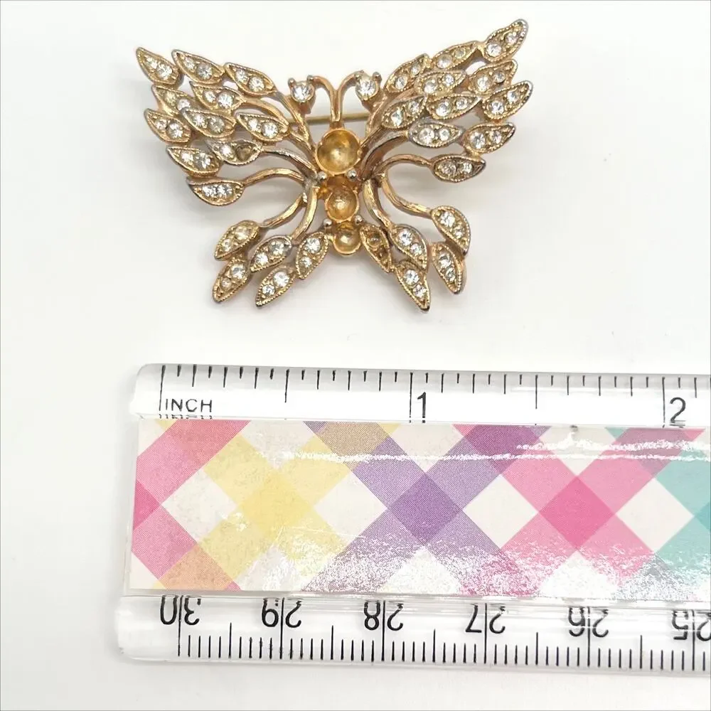 🔥 Vintage 80s Gold Tone Rhinestone Butterfly Brooch Pin
